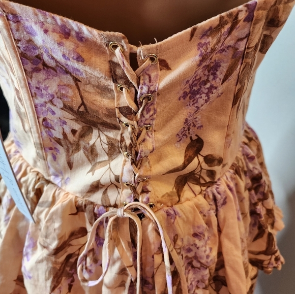 NWT House of Harlow Corset Tiered Linen/Rayon. Peach/Lavender Midi Dress. Medium - Picture 2 of 15